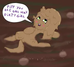 Size: 2000x1800 | Tagged: safe, artist:amateur-draw, derpibooru import, pipp petals, pegasus, g5, my little pony: tell your tale, bridlewoodstock (tell your tale), female, image, mud, mud bath, muddy, png, solo, solo female, text