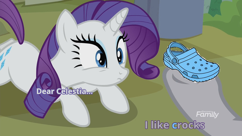 Size: 1280x720 | Tagged: safe, derpibooru import, edit, edited screencap, editor:fluttershyisnot adoormat, screencap, maud pie, rarity, unicorn, fake it 'til you make it, crocs, cutie mark, discovery family, discovery family logo, disturbed, eyelashes, image, jpeg, logo, meme, pun, scared