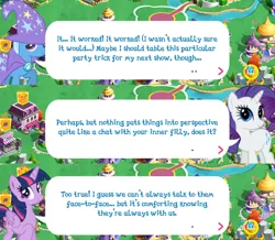 Size: 2048x1783 | Tagged: safe, derpibooru import, official, rarity, trixie, twilight sparkle, twilight sparkle (alicorn), alicorn, pony, unicorn, brooch, cape, clothes, dialogue, dialogue box, english, event, female, folded wings, gameloft, hat, horn, image, jewelry, mare, mobile game, my little pony: magic princess, png, speech bubble, text, trixie's cape, trixie's hat, wings