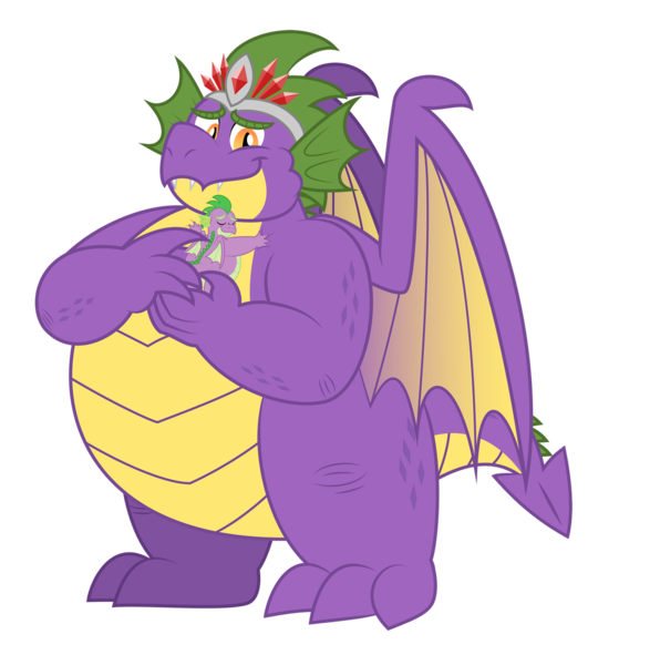 Size: 1600x1612 | Tagged: safe, artist:aleximusprime, derpibooru import, spike, oc, oc:king smite, dragon, flurry heart's story, crown, dragon oc, duo, duo male, eyes closed, fangs, fat, fat spike, father and child, father and son, father's day, holding a dragon, hug, image, jewelry, male, non-pony oc, older, older spike, png, regalia, simple background, size difference, smiling, spike's family, spike's father, transparent background