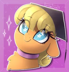 Size: 988x1037 | Tagged: safe, artist:llametsul, derpibooru import, ms. harshwhinny, earth pony, pony, atg 2023, blushing, bust, colored, cute, graduation cap, hat, image, newbie artist training grounds, png, signature, smiling, solo, starry eyes, wingding eyes