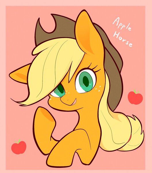 Size: 1804x2048 | Tagged: safe, artist:noupu, derpibooru import, applejack, earth pony, pony, bust, freckles, hat, image, jpeg, looking at you, pink background, simple background, smiling, solo, text