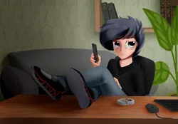 Size: 2640x1833 | Tagged: safe, artist:rainydark, derpibooru import, oc, unofficial characters only, human, ashtray, cigarette, computer mouse, full body, gobies, humanized, image, keyboard, legs on table, looking at each other, looking at someone, mobile phone, office, phone, png, smartphone, smoking, sofa bed, table