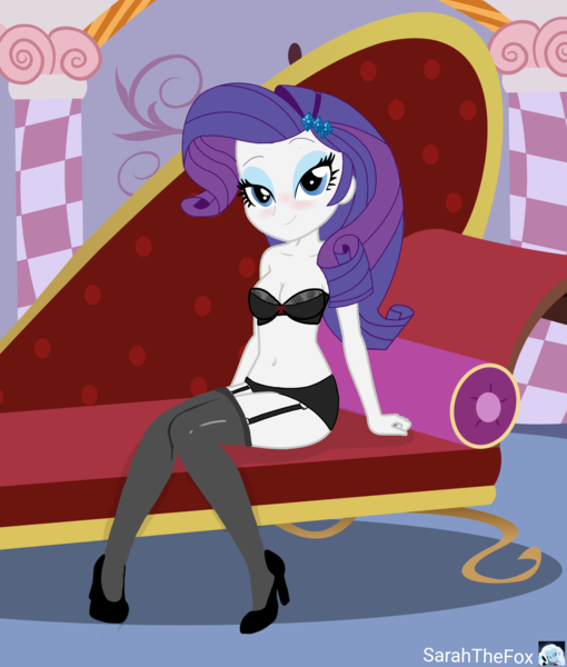 Size: 2550x3000 | Tagged: suggestive, artist:sarahthefox97, derpibooru import, rarity, equestria girls, clothes, high heels, image, lingerarity, lingerie, png, sexy, shoes, socks, thigh highs