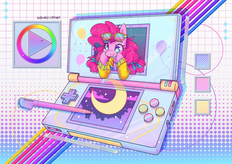 Size: 2048x1448 | Tagged: safe, artist:musicfirewind, derpibooru import, pinkie pie, earth pony, pony, console, game console, goggles, goggles on head, image, jpeg, nintendo ds, smiling, solo, stylus, synthwave