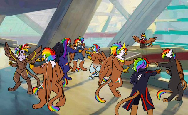 Size: 640x392 | Tagged: safe, artist:ghoul--doodle, derpibooru import, oc, oc:rainbow feather, cyborg, gryphon, hippogriff, robot, clothes, female, grifficorn, griffon oc, group, image, interspecies offspring, magical lesbian spawn, medic, meme, ninja, offspring, older, opinicus, parent:gilda, parent:rainbow dash, parents:gildash, png, pointing, princess, scared, spider-man: into the spider-verse