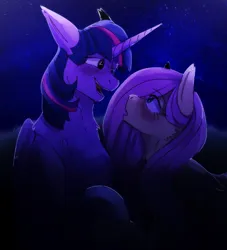 Size: 1530x1682 | Tagged: safe, artist:munificentia, derpibooru import, fluttershy, twilight sparkle, twilight sparkle (alicorn), alicorn, pegasus, pony, blushing, female, holding hooves, image, lesbian, looking at each other, looking at someone, mare, night, night sky, outdoors, png, shipping, sky, twishy