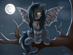 Size: 4096x3093 | Tagged: safe, artist:lunylin, derpibooru import, oc, unofficial characters only, bat pony, pony, collar, image, jpeg, moon, night, perching, sitting, solo, spread wings, wings