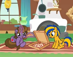 Size: 600x472 | Tagged: safe, artist:noikincade67, derpibooru import, oc, oc:flare spark, oc:princess kincade, unofficial characters only, alicorn, pegasus, pony, eating, female, food, happy, image, mare, pizza, pizza box, png