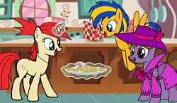 Size: 1024x600 | Tagged: safe, artist:noikincade67, derpibooru import, oc, oc:flare spark, oc:princess kincade, unofficial characters only, alicorn, pegasus, pony, unicorn, cartoon network, clothes, cookie, fedora, female, food, frankie foster, happy, hat, image, kitchen, png, the powerpuff girls, trenchcoat, trio