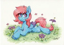 Size: 2096x1479 | Tagged: safe, artist:dandy, derpibooru import, oc, oc:cyan sunshine, unofficial characters only, bee, butterfly, insect, pegasus, pony, artfight, copic, ear fluff, eye clipping through hair, eyebrows, eyebrows visible through hair, female, flower, grass, image, looking at you, lying down, pegasus oc, png, solo, traditional art, unshorn fetlocks, wings