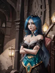 Size: 960x1280 | Tagged: safe, derpibooru import, machine learning generated, stable diffusion, queen chrysalis, human, ai content, blue hair, breasts, busty queen chrysalis, castle, choker, cleavage, clothes, crossed arms, crown, dress, expressionless face, female, generator:incursiosmemev16pruned, generator:mlpqueenchrysalis-10, green eyes, humanized, image, indoors, jewelry, jpeg, lantern, looking at you, prompter:marusame, regalia, solo, standing, throne, throne room