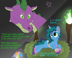 Size: 1280x1044 | Tagged: safe, artist:bluestar386, derpibooru import, spike, dragon, unicorn, g5, image, jpeg, misty brightdawn, older, older spike