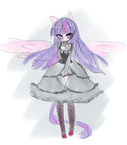 Size: 814x929 | Tagged: safe, artist:vanityamaryllis, derpibooru import, twilight sparkle, twilight sparkle (alicorn), alicorn, anthro, clothes, dress, female, image, jpeg, sketch, solo, spread wings, wings