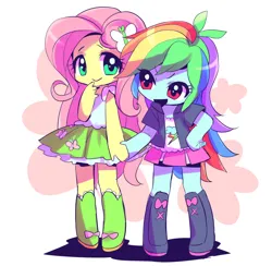 Size: 800x780 | Tagged: safe, artist:きゃらられな, derpibooru import, fluttershy, rainbow dash, human, equestria girls, clothes, duo, holding hands, image, png, skirt, smiling