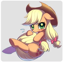 Size: 800x790 | Tagged: safe, artist:きゃらられな, derpibooru import, applejack, earth pony, pony, blushing, hat, hug, image, png, simple background, solo, tail, tail hug, teary eyes