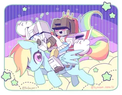 Size: 1000x781 | Tagged: safe, artist:きゃらられな, derpibooru import, rainbow dash, pegasus, pony, crossover, crown, female, flying, image, jewelry, kirby, kirby (series), mare, png, regalia, riding, silverbolt, smiling, starscream, transformers, transformers generation 1, trio