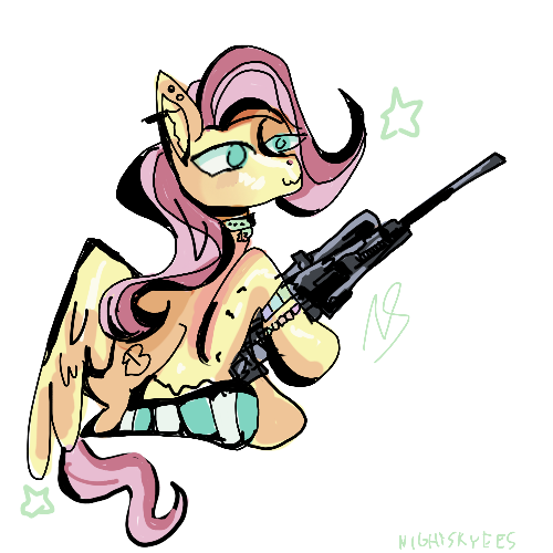 Size: 500x500 | Tagged: safe, artist:nightskyees, derpibooru import, fluttershy, pegasus, pony, 30 minute art challenge, bracelet, choker, clothes, female, fluffy, gun, image, jewelry, mare, piercing, png, rifle, simple background, sniper rifle, socks, solo, stars, striped socks, weapon, white background