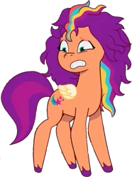 Size: 627x844 | Tagged: safe, artist:pascalmulokozi2, derpibooru import, edit, edited screencap, screencap, sunny starscout, alicorn, g5, my little pony: a new generation, my little pony: tell your tale, spoiler:g5, spoiler:my little pony: tell your tale, alicorn issues, embarrassed, image, mane stripe sunny, messy hair, messy mane, png, race swap, scared, simple background, solo, sunnycorn