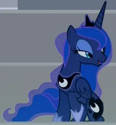 Size: 550x595 | Tagged: safe, derpibooru import, screencap, princess luna, alicorn, pony, horse play, season 8, spoiler:s08, bedroom eyes, cropped, crown, female, image, jewelry, mare, open mouth, open smile, png, regalia, sitting, smiling