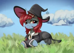 Size: 3500x2500 | Tagged: safe, artist:fv0003, derpibooru import, oc, unofficial characters only, pony, unicorn, clothes, cloud, commission, eyebrows, female, grass, hat, high res, horn, image, jpeg, looking at you, lying down, mare, outdoors, prone, sky, smiling, smiling at you, solo, unicorn oc