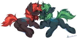 Size: 1948x970 | Tagged: safe, artist:airiniblock, derpibooru import, oc, oc:emerald, oc:firefly, unofficial characters only, changeling, changeling oc, green changeling, image, kissing, png, red changeling, simple background, white background