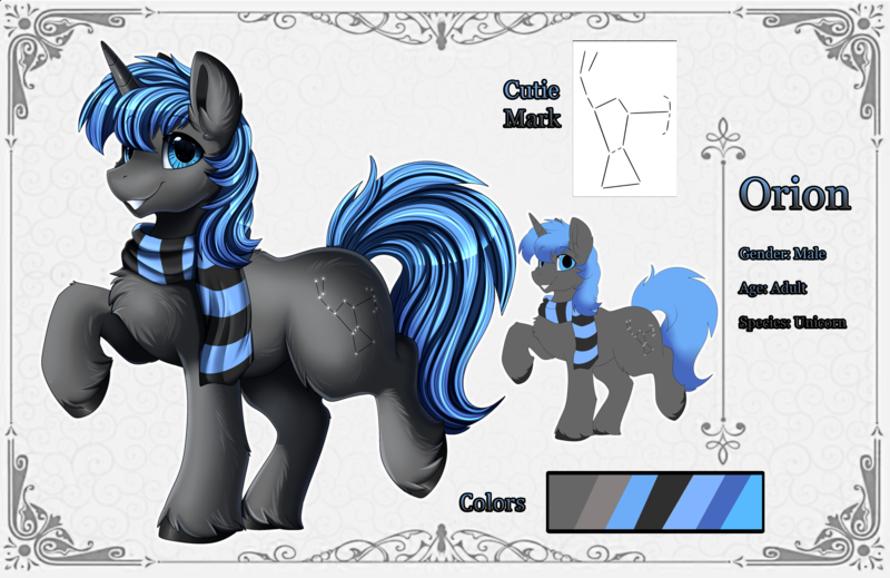 Size: 7210x4673 | Tagged: safe, artist:pridark, derpibooru import, oc, oc:orion, unofficial characters only, pony, unicorn, chest fluff, clothes, image, png, reference sheet, scarf, solo, striped scarf