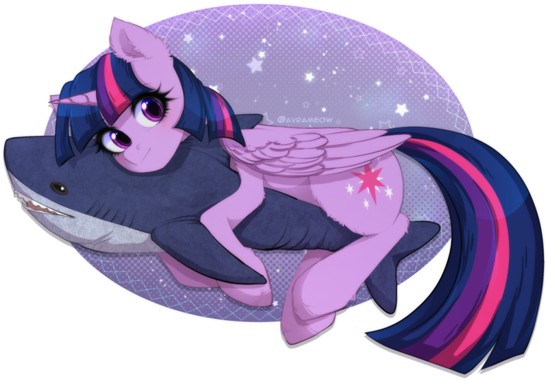 Size: 2845x1976 | Tagged: safe, artist:avrameow, derpibooru import, twilight sparkle, twilight sparkle (alicorn), alicorn, pony, shark, blushing, blåhaj, commission, cute, eyebrows, eyebrows visible through hair, female, folded wings, horn, hug, image, looking at you, mare, plushie, png, shark plushie, signature, simple background, solo, transparent background, twiabetes, wings, ych result