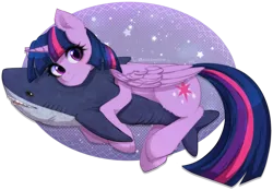 Size: 2845x1976 | Tagged: safe, artist:avrameow, derpibooru import, twilight sparkle, twilight sparkle (alicorn), alicorn, pony, shark, blushing, blåhaj, commission, cute, eyebrows, eyebrows visible through hair, female, folded wings, horn, hug, image, looking at you, mare, plushie, png, shark plushie, signature, simple background, solo, transparent background, twiabetes, wings, ych result