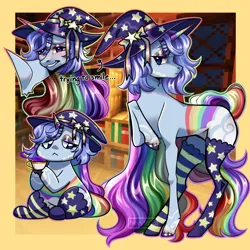 Size: 3000x3000 | Tagged: safe, artist:ohhoneybee, derpibooru import, oc, unofficial characters only, pony, unicorn, :<, blushing, clothes, hat, image, lidded eyes, multicolored hair, png, rainbow, rainbow hair, rainbow tail, raised hoof, socks, solo, tail, thigh highs, witch hat