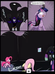 Size: 7500x10000 | Tagged: safe, artist:chedx, derpibooru import, fluttershy, pinkie pie, raven, twilight sparkle, twilight sparkle (alicorn), alicorn, earth pony, pegasus, comic:learning with pibby glitch battles, comic, commission, crossover, dc comics, image, multiverse, png, raven (dc comics)