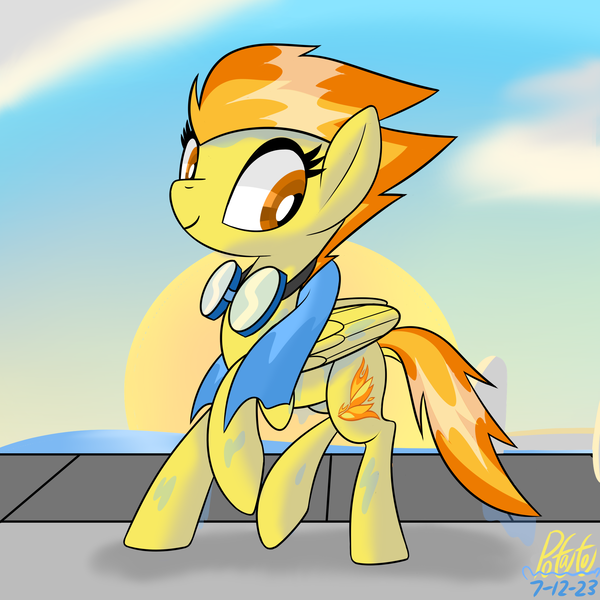 Size: 2000x2000 | Tagged: safe, artist:notadeliciouspotato, derpibooru import, spitfire, pegasus, pony, cloud, female, goggles, image, mare, png, signature, smiling, solo, sun, swimming pool, towel, wet