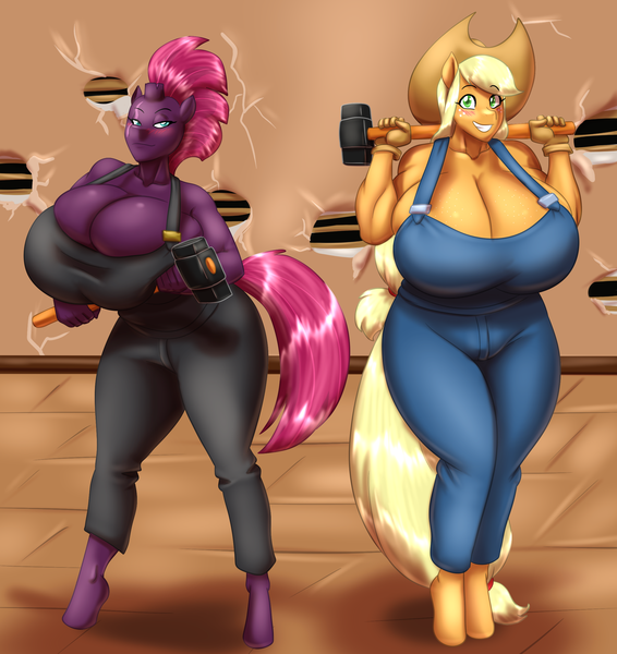 Size: 2262x2400 | Tagged: suggestive, artist:blues64, artist:marauder6272, derpibooru import, applejack, tempest shadow, anthro, earth pony, unguligrade anthro, unicorn, big breasts, blushing, breasts, broken horn, busty applejack, busty tempest shadow, cleavage, clothes, cowboy hat, hammer, hat, horn, huge breasts, hyper, hyper breasts, image, impossibly large breasts, looking at you, looking back, looking back at you, muscles, overalls, png, sledgehammer, smiling, stetson