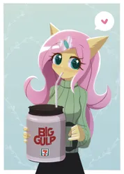 Size: 1000x1407 | Tagged: safe, artist:howxu, derpibooru import, fluttershy, anthro, blue background, blushing, brand, breasts, busty fluttershy, clothes, commission, cutie mark accessory, cutie mark hair accessory, drink, drinking, drinking straw, emoji, female, floating heart, hair accessory, heart, image, looking at you, mug, png, simple background, skirt, soda, solo, speech bubble, straw, sweater, wide eyes