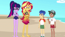 Size: 600x338 | Tagged: safe, derpibooru import, flash sentry, sci-twi, sunset shimmer, timber spruce, twilight sparkle, equestria girls, female, giantess, gif, growth, image, larger female, macro, male, shrinking, size difference, smaller male