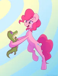 Size: 2700x3500 | Tagged: safe, artist:yarugreat, derpibooru import, gummy, pinkie pie, crocodile, earth pony, pony, bipedal, dancing, image, looking at each other, looking at someone, png, smiling, solo, true love
