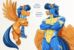 Size: 2337x1577 | Tagged: safe, artist:ponyanony, derpibooru import, oc, oc:lightning rider, unofficial characters only, anthro, pegasus, pony, abs, anthro oc, anthro ponidox, biceps, clothes, crossed arms, deltoids, dialogue, duo, image, male, muscles, muscular male, pecs, pegasus oc, png, scarf, self paradox, self ponidox, speech bubble, stallion, thighs, thunder thighs, uniform, wings, wonderbolts uniform