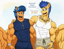 Size: 2065x1570 | Tagged: safe, artist:ponyanony, derpibooru import, flash sentry, oc, oc:lightning rider, anthro, pegasus, pony, anthro oc, biceps, clothes, deltoids, dialogue, duo, image, looking at you, male, muscles, muscular male, pecs, pegasus oc, png, speech bubble, stallion, talking to viewer, wings