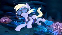 Size: 3840x2160 | Tagged: safe, artist:owlpirate, derpibooru import, derpy hooves, pegasus, pony, 3d, 4k, bubble, coral, cute, dive mask, female, flippers (gear), folded wings, goggles, high res, image, mare, ocean, png, smiling, snorkel, snorkeling, solo, source filmmaker, swimming, underwater, water, wings