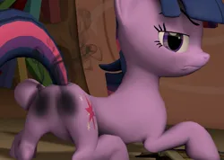 Size: 1277x908 | Tagged: safe, derpibooru import, edit, twilight sparkle, pony, 3d, burned, burned butt, butt, close-up, featureless crotch, female, image, jpeg, literal butthurt, mare, pain, plot, raised tail, smoke, source filmmaker, tail, we don't normally wear clothes