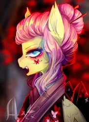 Size: 1280x1760 | Tagged: safe, artist:adeadfeelings, artist:xalexdfx, derpibooru import, fluttershy, kimono, pegasus, pony, g3, fangs, hair bun, image, lidded eyes, open mouth, png, solo, watermark