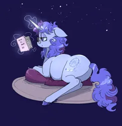 Size: 2352x2415 | Tagged: safe, artist:paskanaakka, derpibooru import, oc, oc:midnight dew, unofficial characters only, pony, unicorn, book, derpibooru exclusive, eyeshadow, female, floppy ears, glasses, image, lidded eyes, lying down, magic, makeup, mare, png, pregnant, reading, reading glasses, smiling, solo