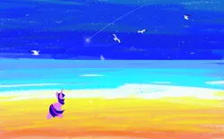 Size: 3480x2160 | Tagged: safe, artist:lunadorable, derpibooru import, sea swirl, seafoam, twilight sparkle, alicorn, bird, pony, seagull, beach, boat, facing away, folded wings, image, ocean, png, sand, scenery, shooting star, signature, sky, solo, stars, water, wave, wind, windswept mane, wings