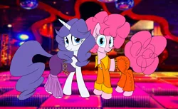 Size: 2386x1456 | Tagged: safe, artist:calmbreezes, derpibooru import, pinkie pie, rarity, earth pony, pony, unicorn, alternate hairstyle, clothes, disco ball, disco dress, dress, duo, image, png