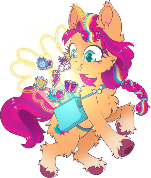 Size: 3561x4183 | Tagged: safe, artist:cutepencilcase, derpibooru import, sunny starscout, alicorn, pony, g5, my little pony: a new generation, artificial horn, artificial wings, augmented, bag, cutie mark, horn, image, magic, magic horn, magic wings, png, race swap, saddle bag, simple background, smiling, solo, sunnycorn, transparent background, wings