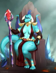Size: 1691x2178 | Tagged: suggestive, artist:marauder6272, derpibooru import, princess ember, anthro, digitigrade anthro, dragon, bloodstone scepter, breasts, busty princess ember, crystal, curved horn, dragon lord ember, dragoness, female, horn, image, looking at you, looking back, looking back at you, png, sitting, smiling, solo, solo female, throne