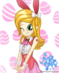 Size: 2015x2490 | Tagged: safe, artist:rjp.rammy, derpibooru import, oc, oc:selena montana, unofficial characters only, equestria girls, bunny ears, clothes, female, image, one eye closed, png, solo, wink