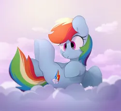 Size: 3026x2759 | Tagged: safe, artist:mochi_nation, derpibooru import, rainbow dash, pegasus, pony, cloud, cute, female, image, jpeg, lying down, lying on a cloud, on a cloud, on back, solo