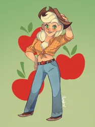 Size: 768x1024 | Tagged: safe, artist:pandiny11, derpibooru import, applejack, human, applejack's hat, belt, blushing, boots, clothes, cowboy boots, cowboy hat, cutie mark background, denim, female, flannel, freckles, gradient background, grin, hat, humanized, image, jeans, midriff, pants, png, shoes, smiling, solo, sports bra