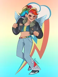 Size: 768x1024 | Tagged: safe, artist:pandiny11, derpibooru import, rainbow dash, human, alternate hairstyle, belt, bomber jacket, boots, clothes, cutie mark background, denim, ear piercing, earring, female, gradient background, grin, humanized, image, jacket, jeans, jewelry, midriff, pants, piercing, png, ponytail, shoes, smiling, solo, sports bra, winged humanization, wings